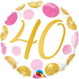18 inch-es 40-es Pink & Gold Dots Szülinapi Számos Fólia Lufi
